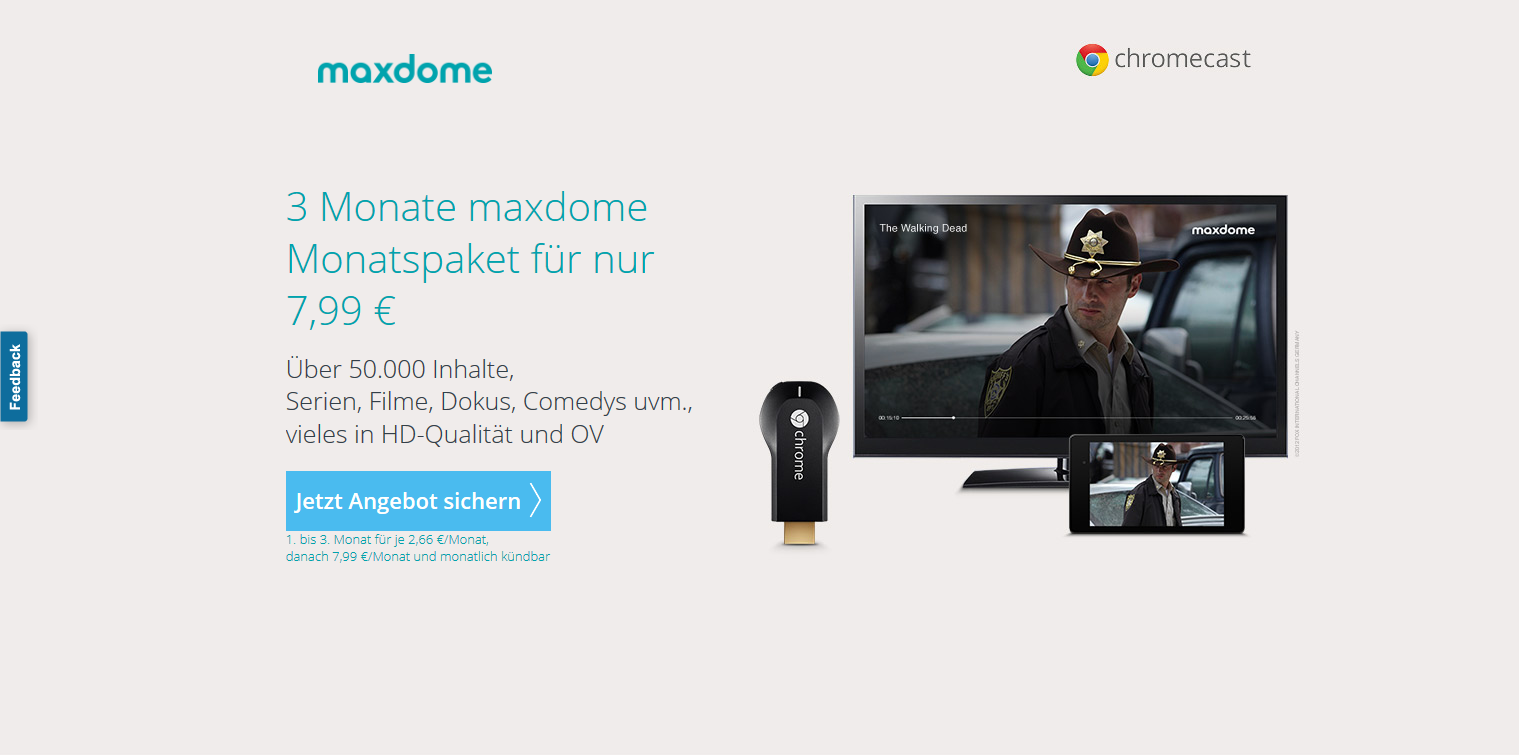 Maxdome Angebot mit Chromecast 3 für 1 Aktion